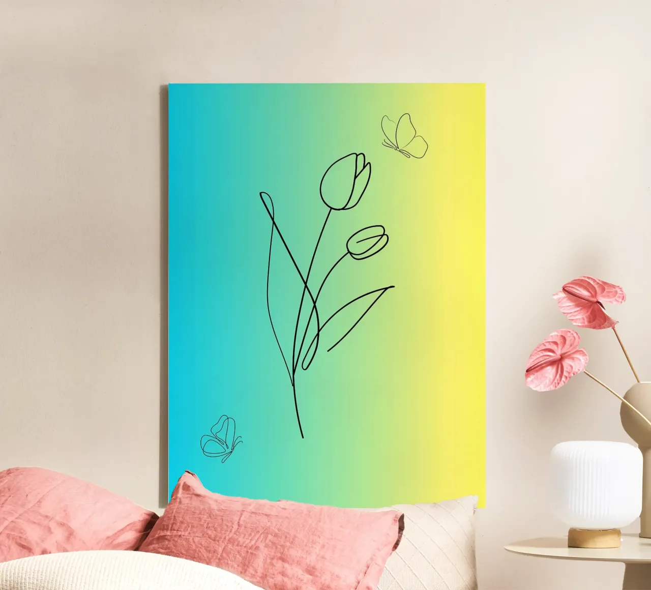 Minimalist Tulips and Butterflies Line Art canvas with Floater frame by Amelia Roy
