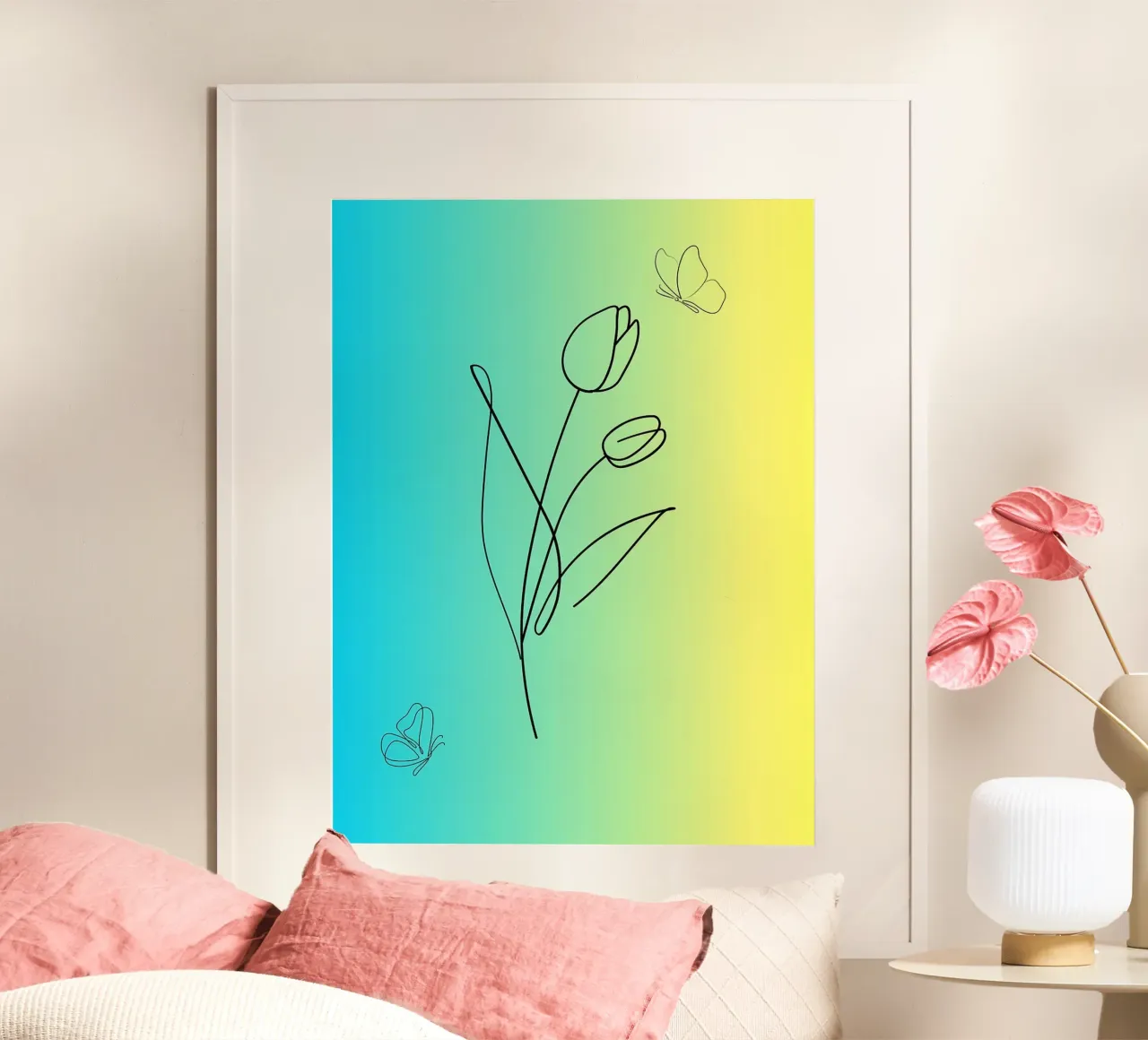 Minimalist Tulips and Butterflies Line Art poster by Amelia Roy