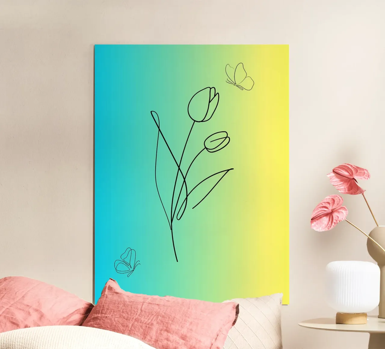 Minimalist Tulips and Butterflies Line Art poster by Amelia Roy