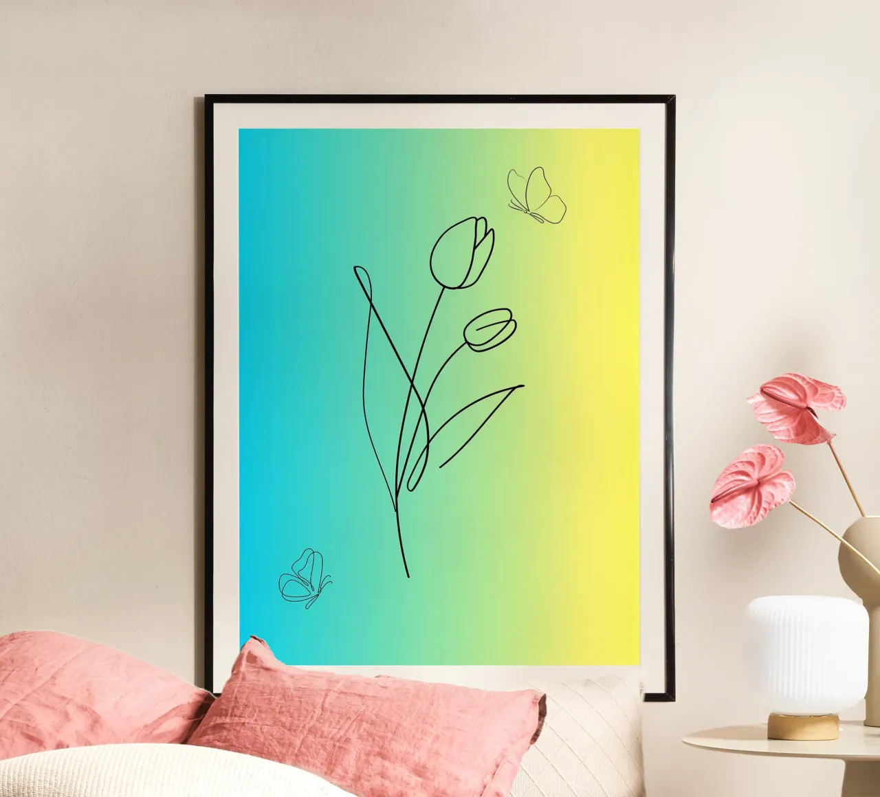 Minimalist Tulips and Butterflies Line Art poster by Amelia Roy
