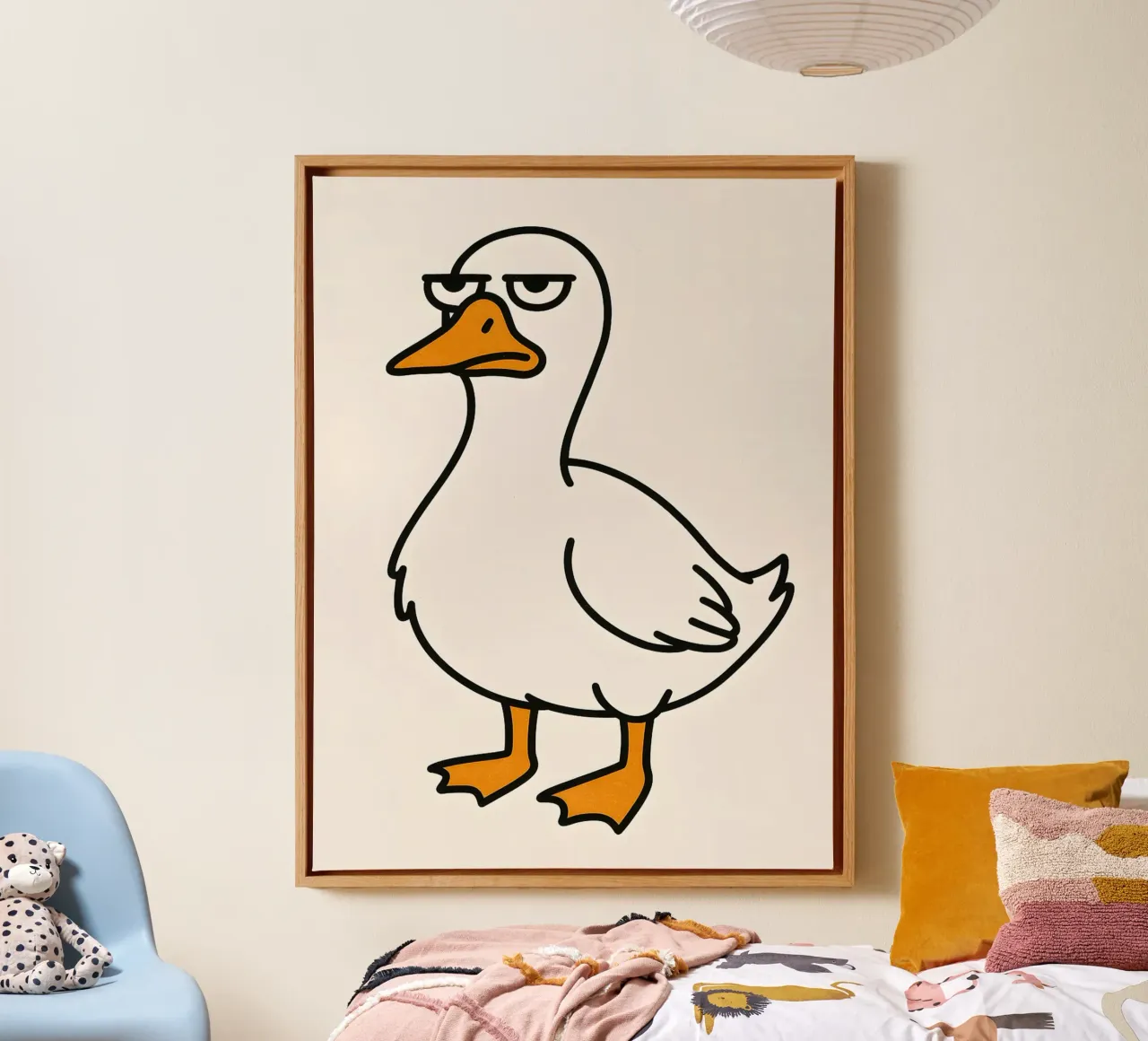 Grumpy Duck Cartoon – Funny Minimalist Animal Art for Humor canvas with Floater frame by Olivia Gagnon