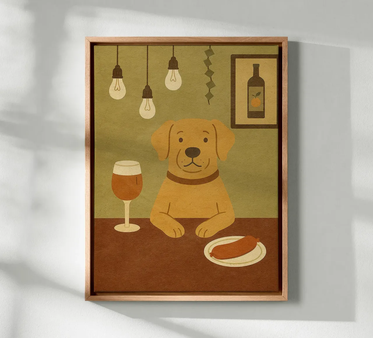Dog at Bar with Wine and Sausage canvas with Floater frame by Anna Müller
