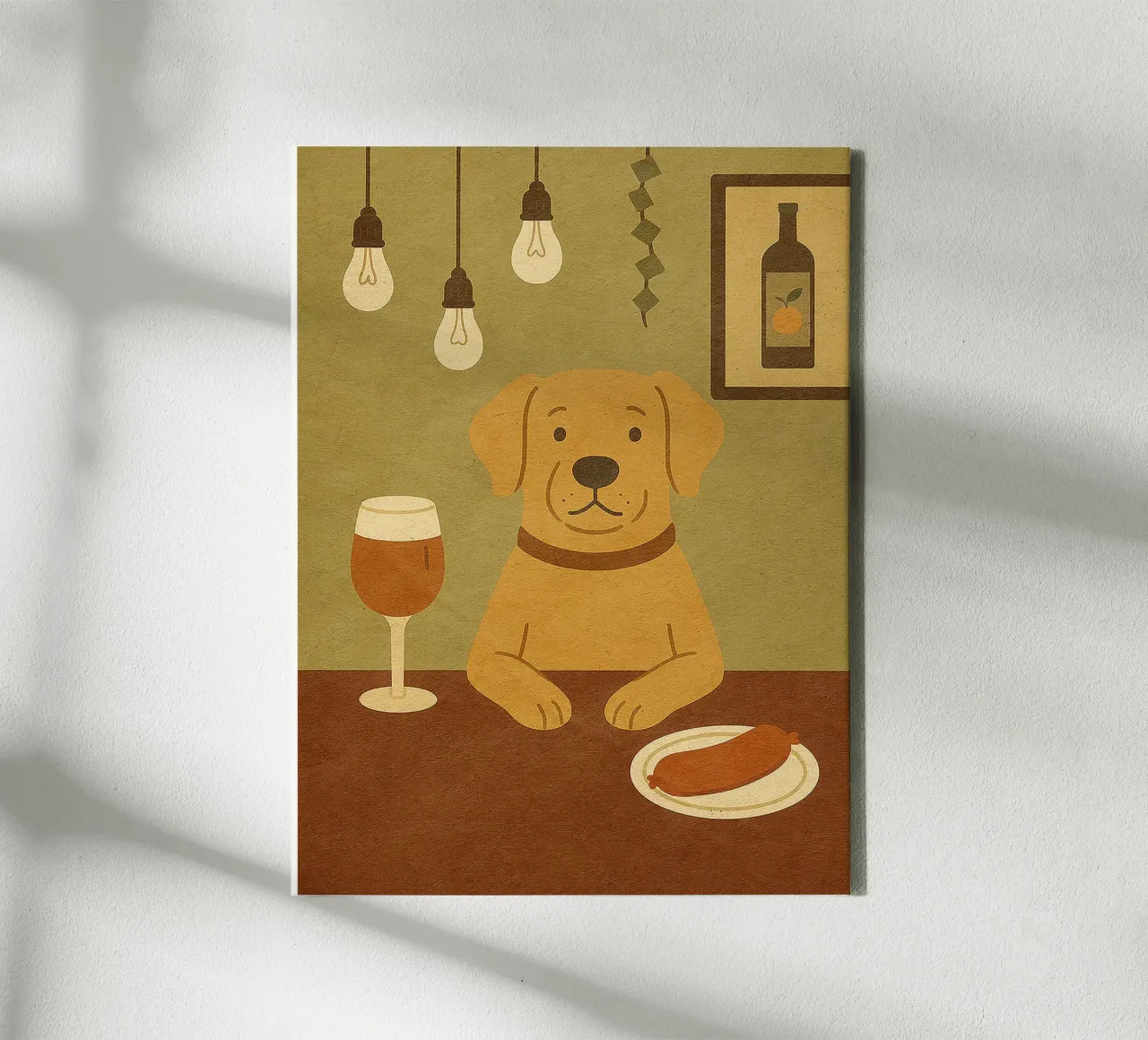 Dog at Bar with Wine and Sausage canvas with Floater frame by Anna Müller