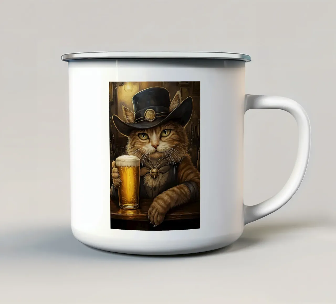 Gatto cowboy in un saloon tazza in smalto da Anna Müller