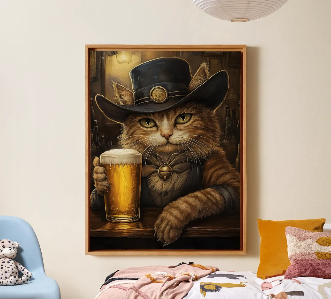 Gatto cowboy in un saloon tela con Cornice a cassetta da Anna Müller