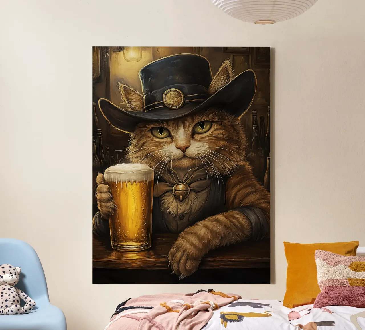 Gatto cowboy in un saloon tela con Cornice a cassetta da Anna Müller