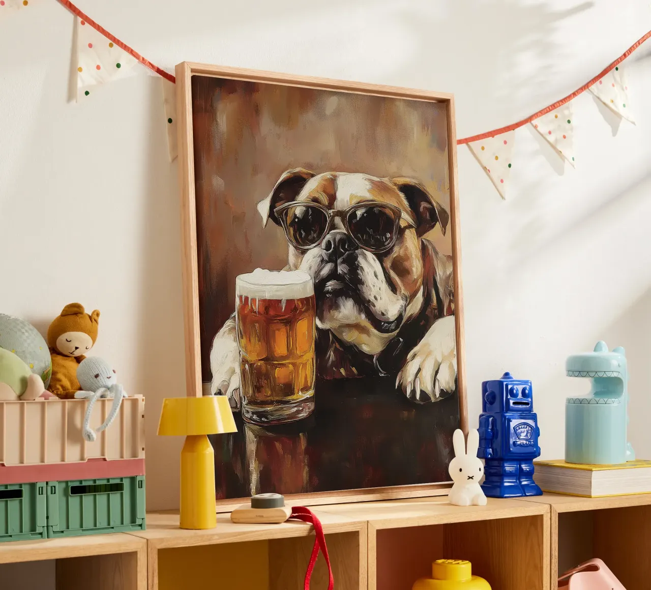 Bulldog cool con pittura di birra tela con Cornice a cassetta da Anna Müller