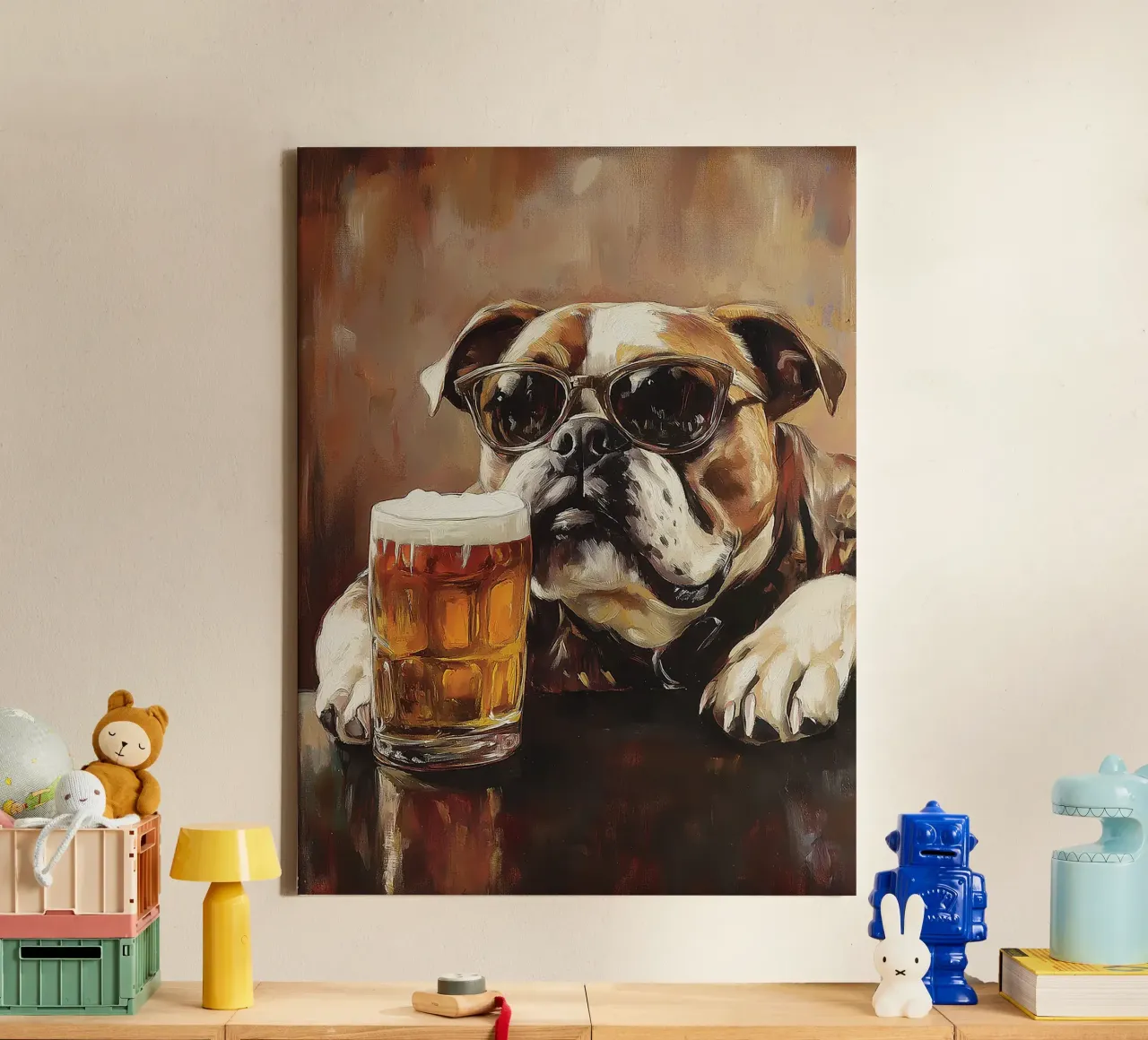 Bulldog cool con pittura di birra tela con Cornice a cassetta da Anna Müller