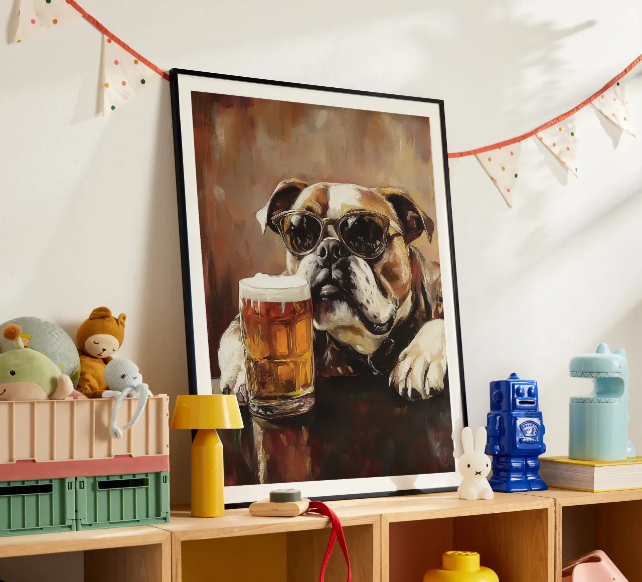 Bulldog cool con pittura di birra poster con telaio in legno da Anna Müller
