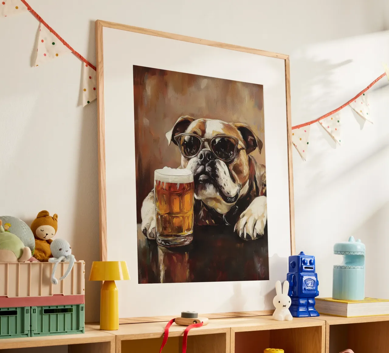 Bulldog cool con pittura di birra poster con telaio in legno da Anna Müller