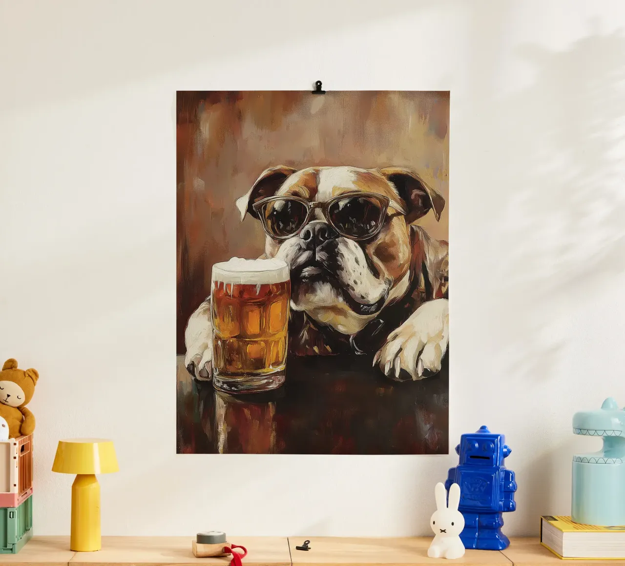 Bulldog cool con pittura di birra poster con telaio in legno da Anna Müller
