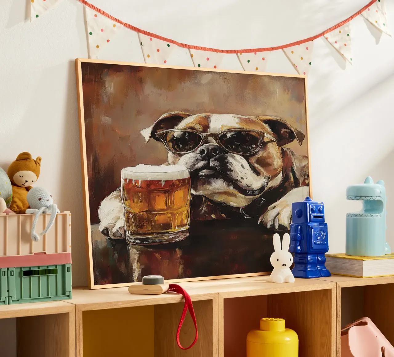 Bulldog cool con pittura di birra poster con telaio in legno da Anna Müller
