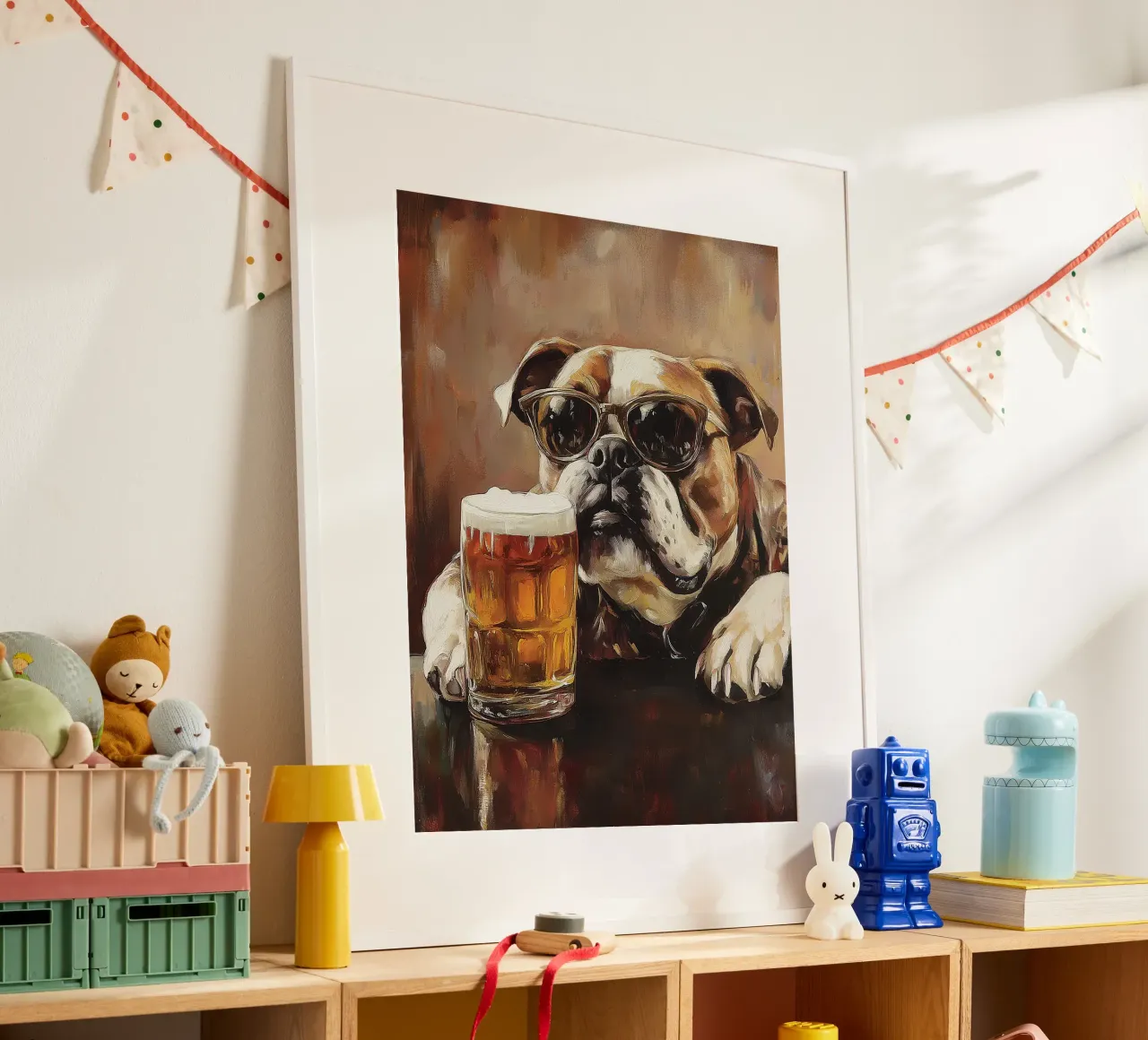 Bulldog cool con pittura di birra poster con telaio in legno da Anna Müller