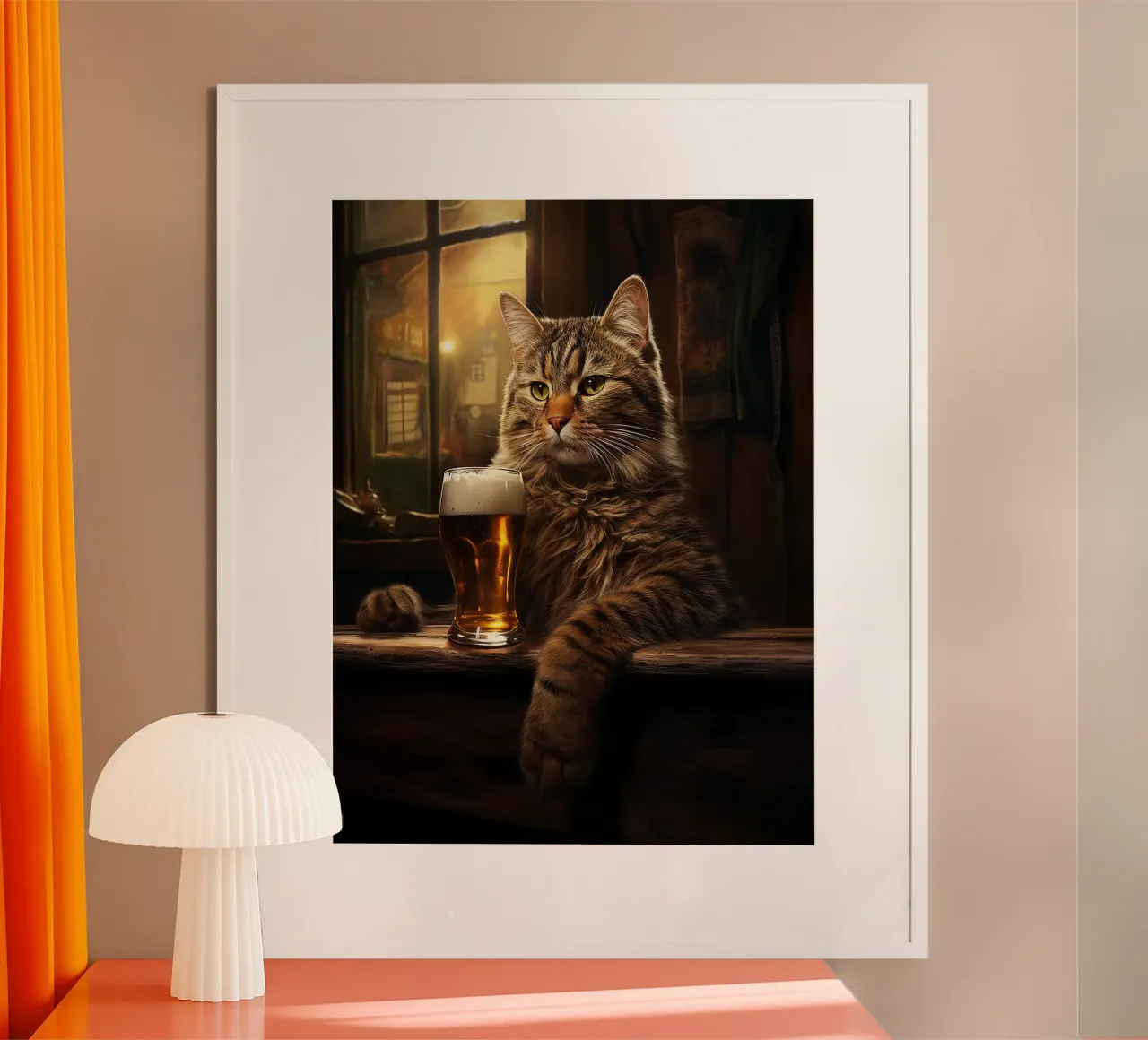 gatto nella birra del bar poster con telaio in plastica da Hannah Meyer