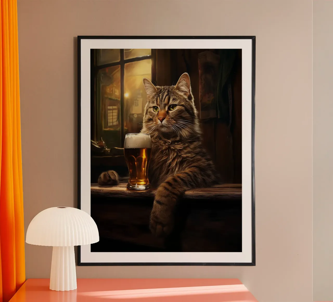 gatto nella birra del bar poster con telaio in plastica da Hannah Meyer