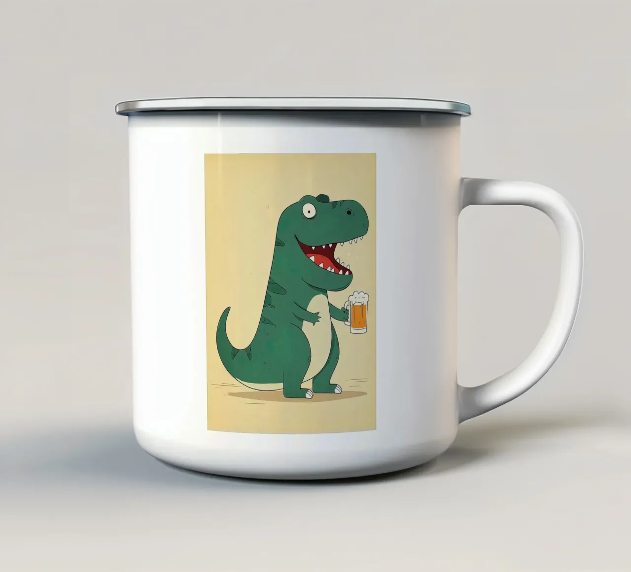 Dinosauro a cartoni animati con birra tazza in smalto da Hannah Meyer