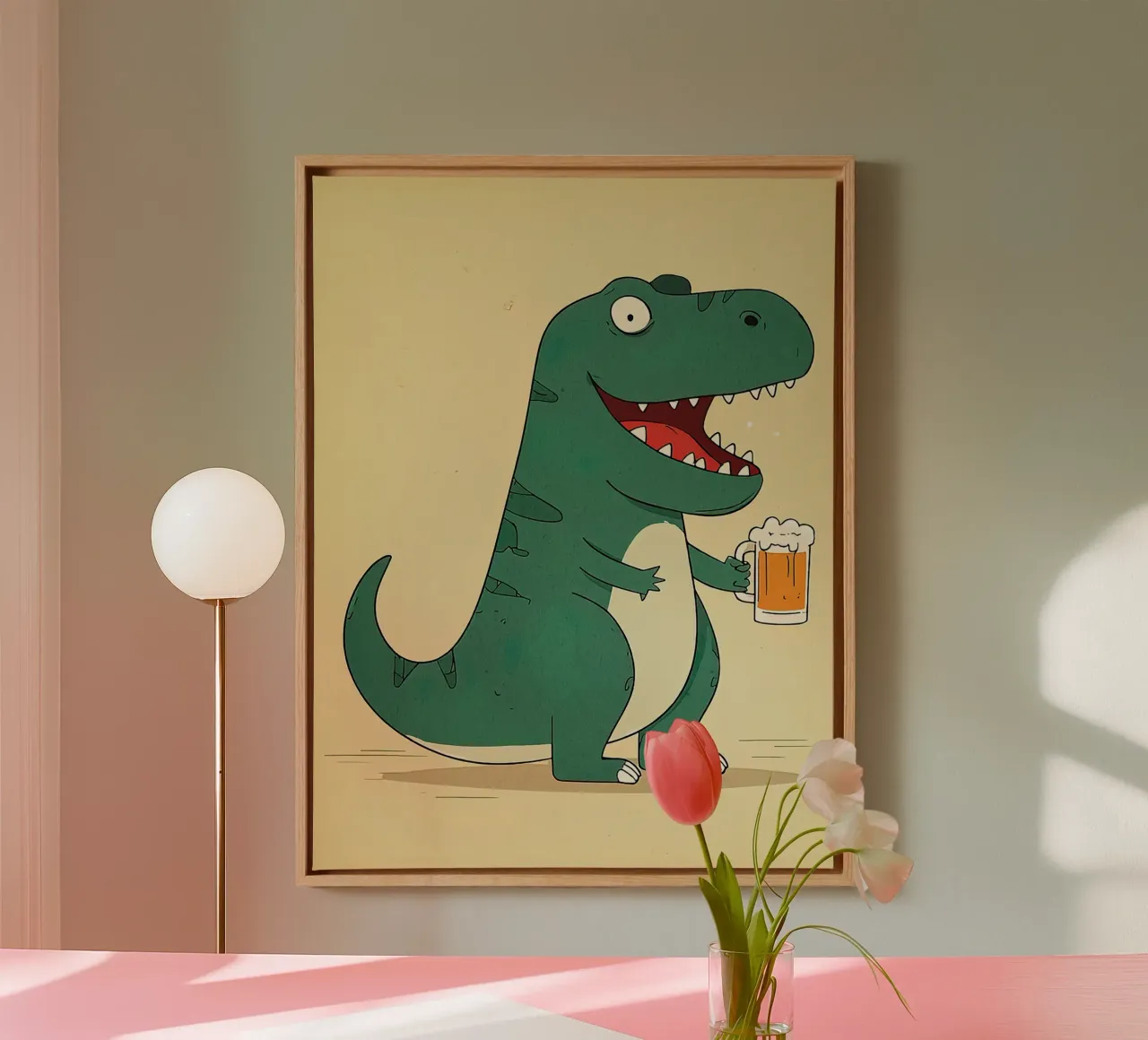 Dinosauro a cartoni animati con birra tela con Cornice a cassetta da Hannah Meyer
