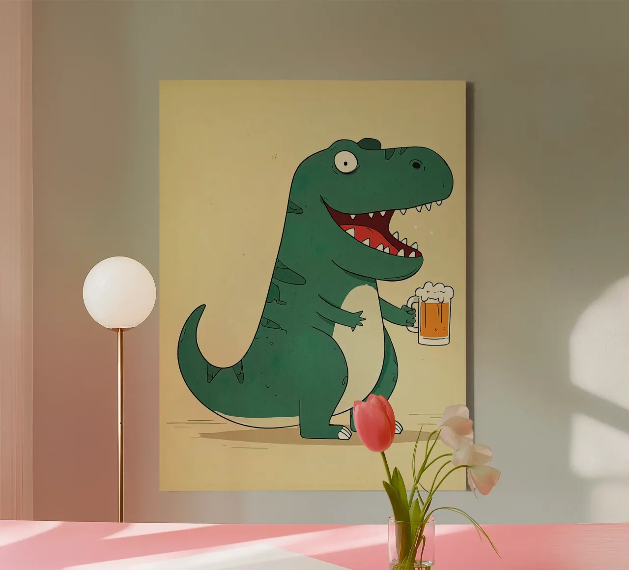 Dinosauro a cartoni animati con birra tela con Cornice a cassetta da Hannah Meyer