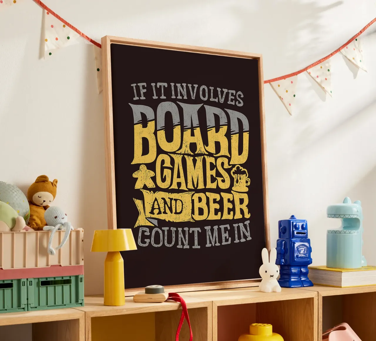 Poster illustrativo ispirato ai giochi da tavolo e alla birra tela con Cornice a cassetta da Hannah Meyer