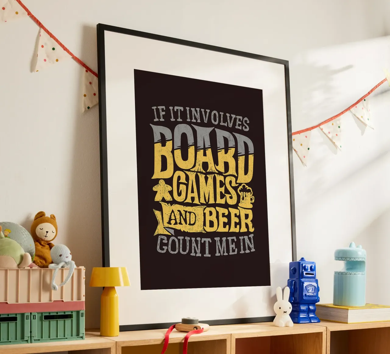 Poster illustrativo ispirato ai giochi da tavolo e alla birra poster con telaio in plastica da Hannah Meyer