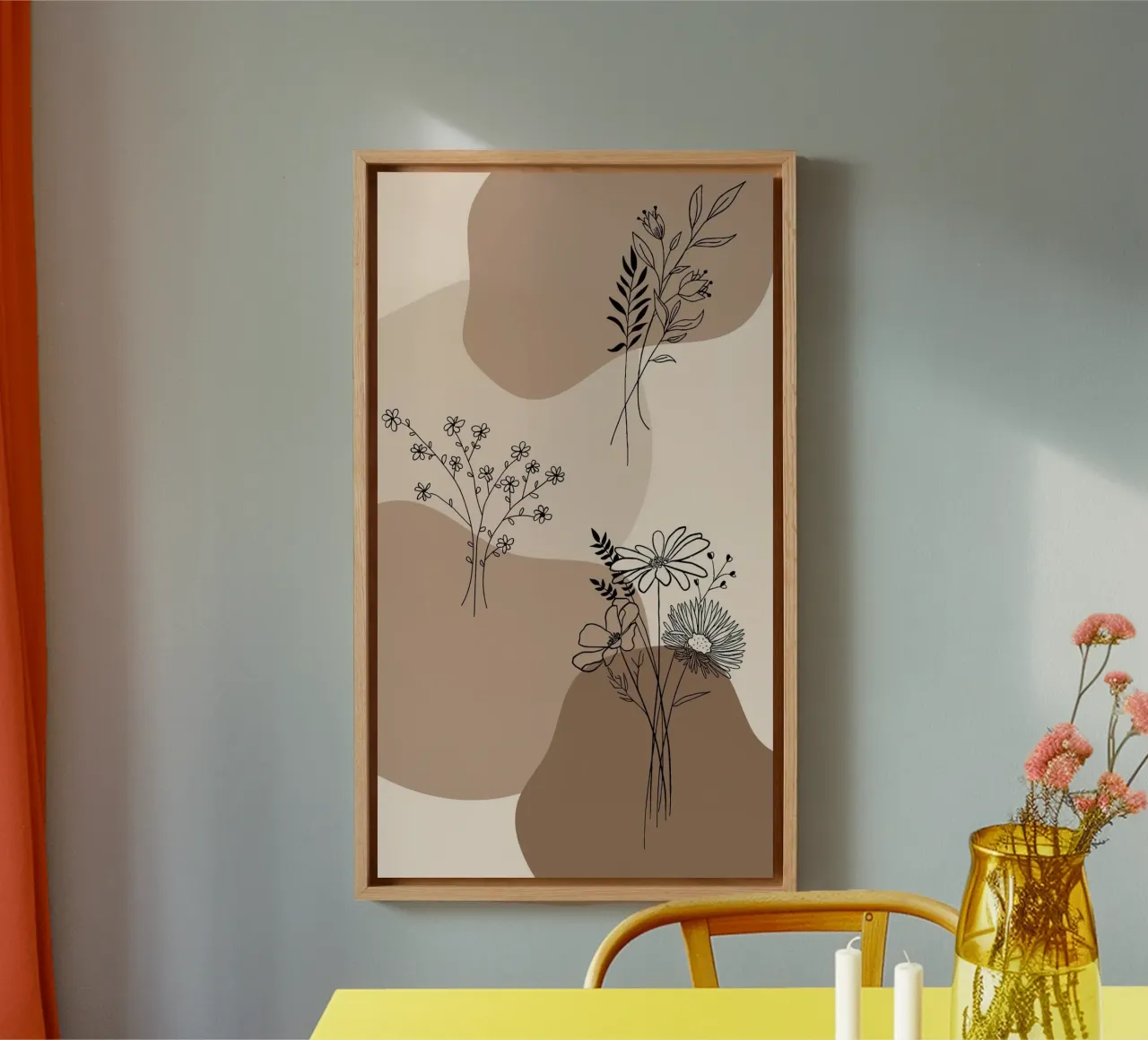 shape line flower brown tela con Cornice a cassetta da huminity