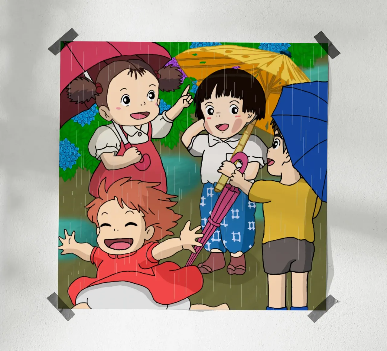 Ponyo che gioca sotto la pioggia poster da sophielouise.designs