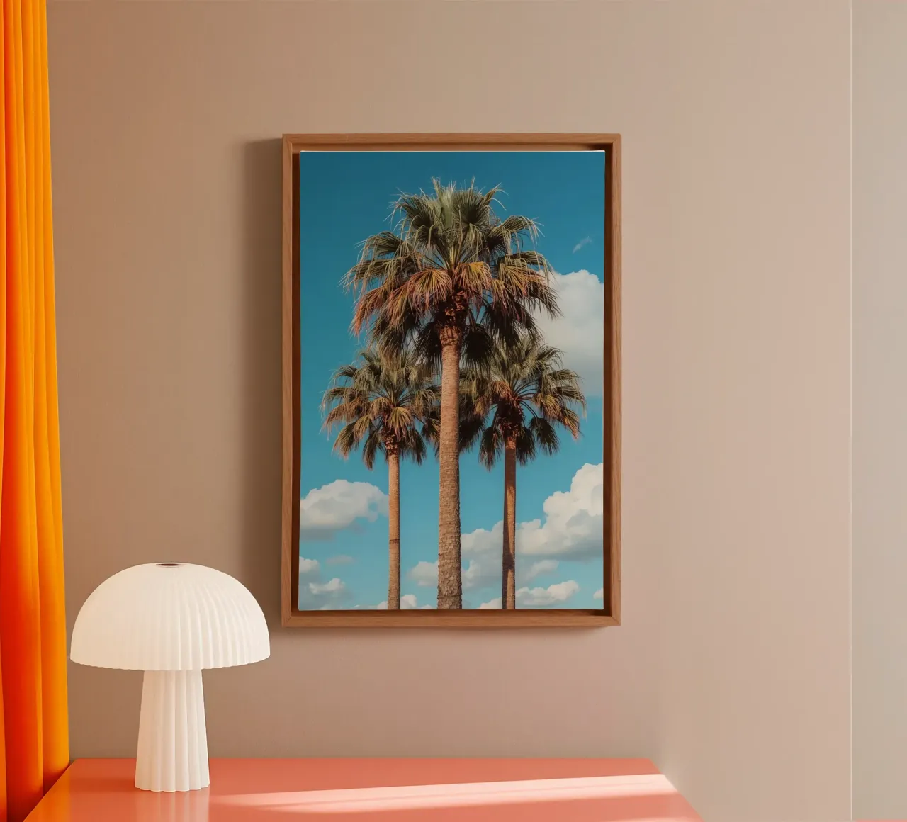 Three Palm Trees Against Blue Sky with Clouds canvas with Floater frame by DesignDoodle