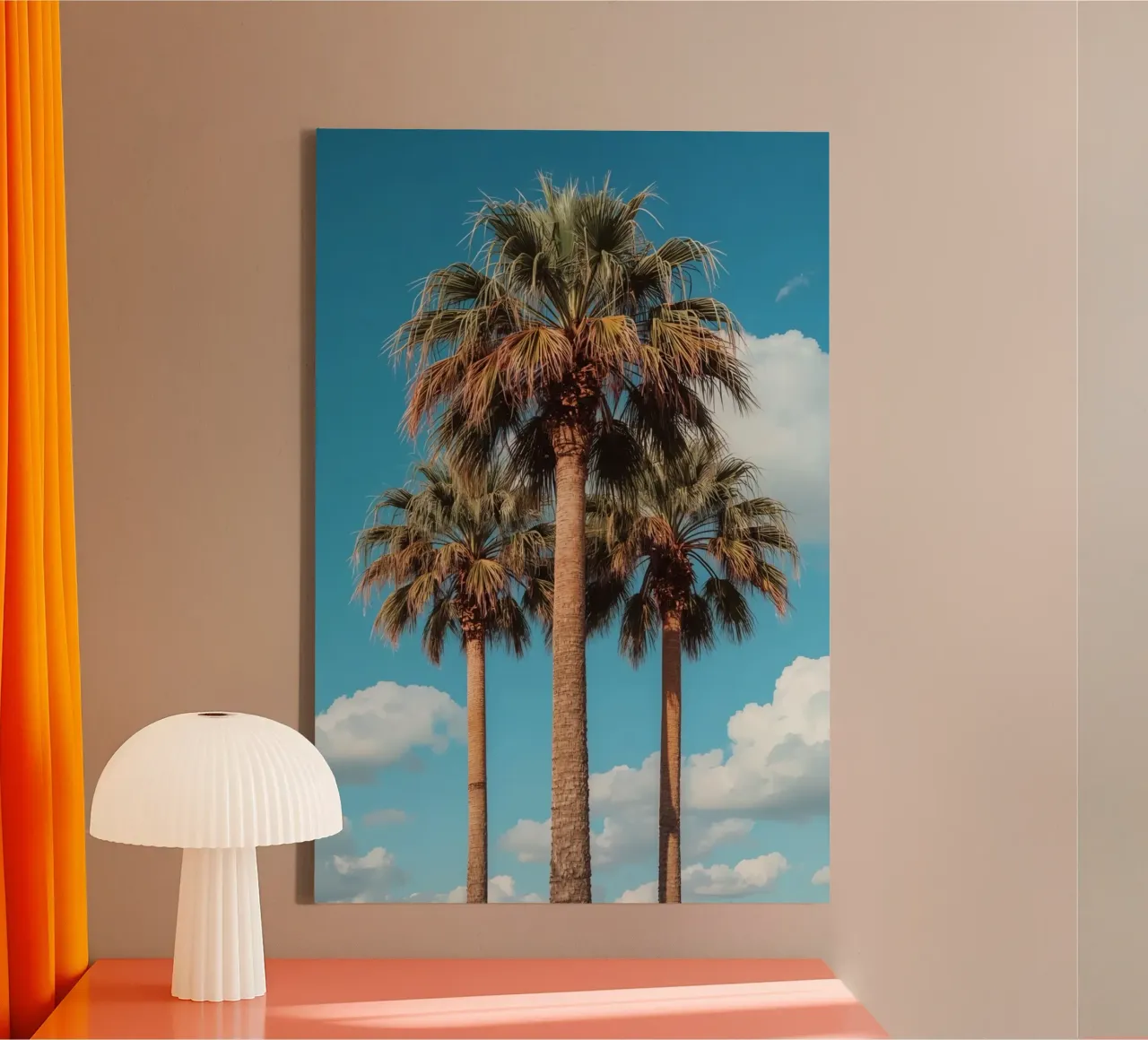 Three Palm Trees Against Blue Sky with Clouds canvas with Floater frame by DesignDoodle