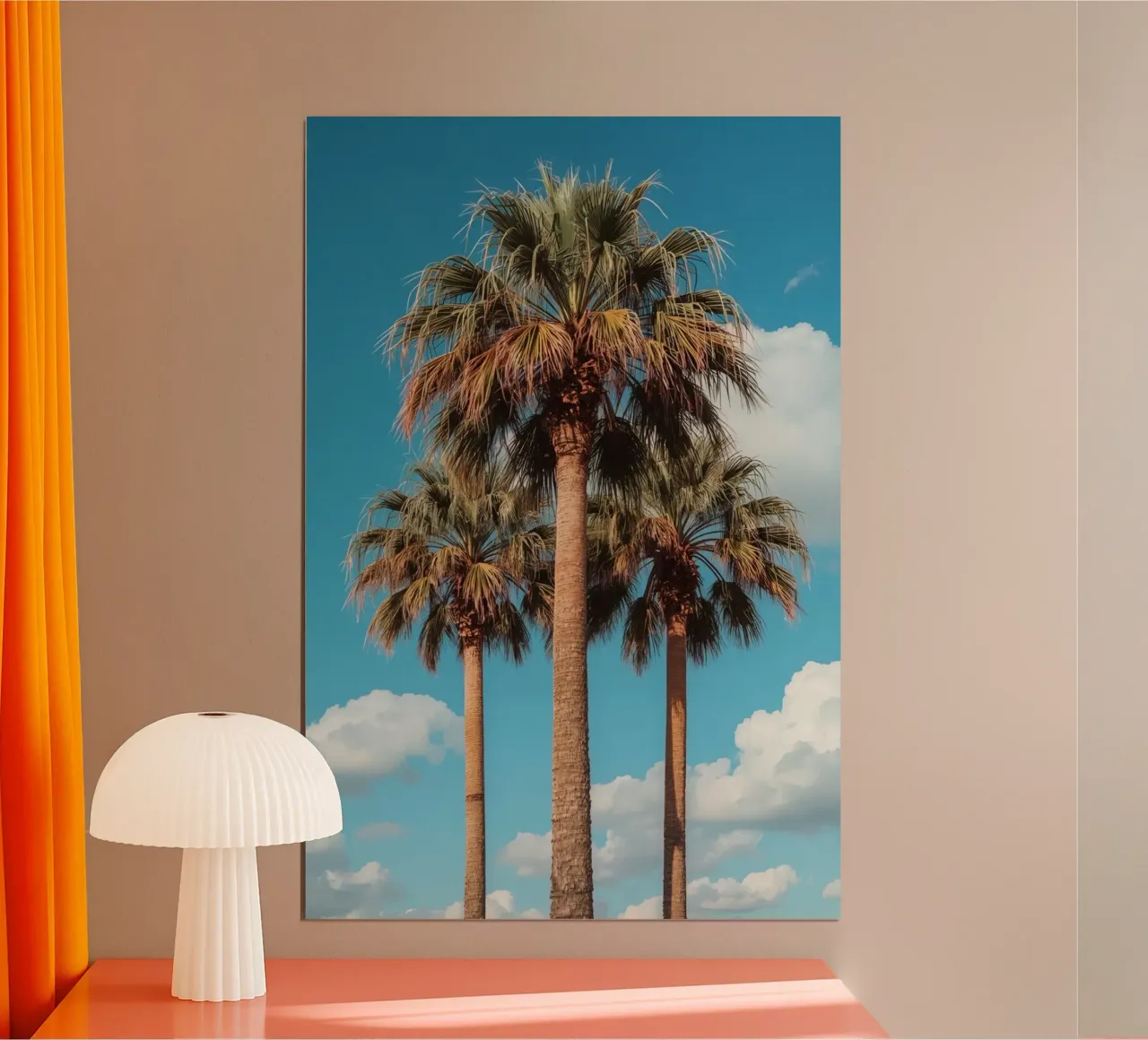 Tre palme contro un cielo blu con nuvole poster con telaio in plastica da DesignDoodle