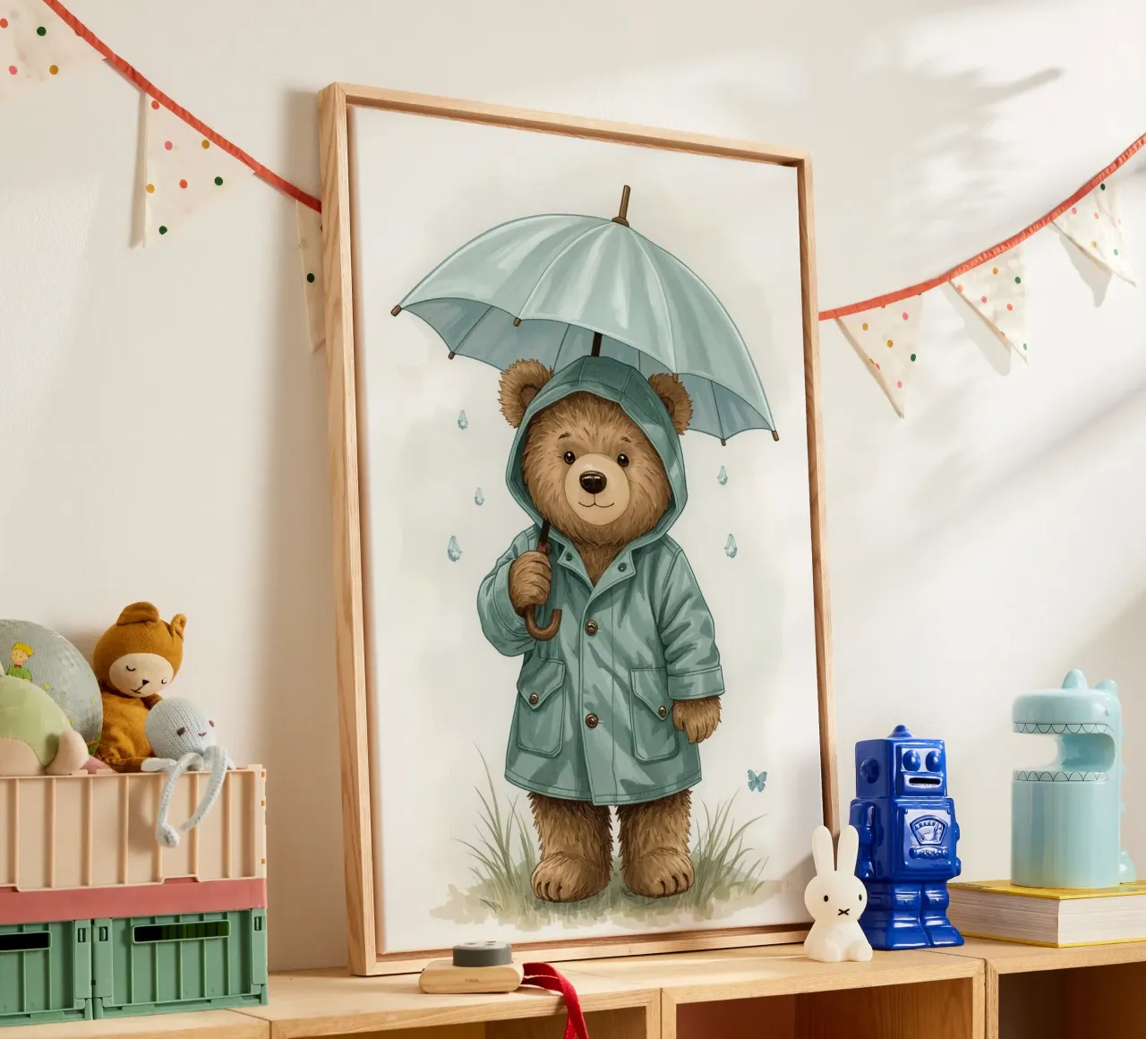 Teddybeer in regenjas met paraplu Illustratie canvas met Baklijst van DesignDoodle