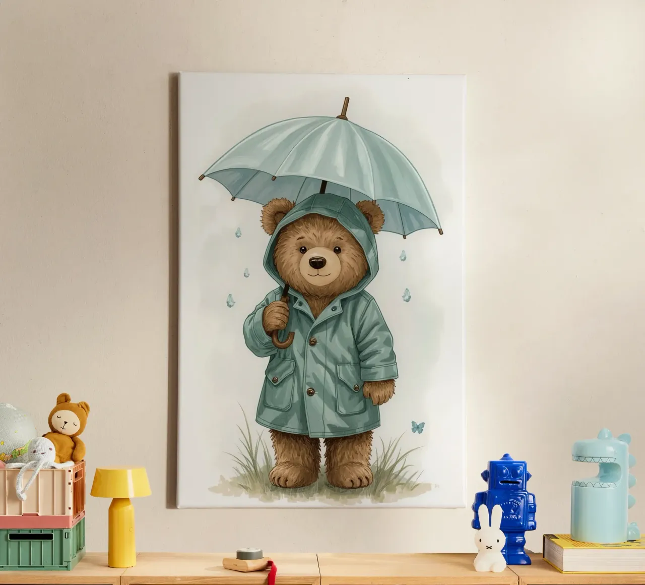Teddybeer in regenjas met paraplu Illustratie canvas met Baklijst van DesignDoodle