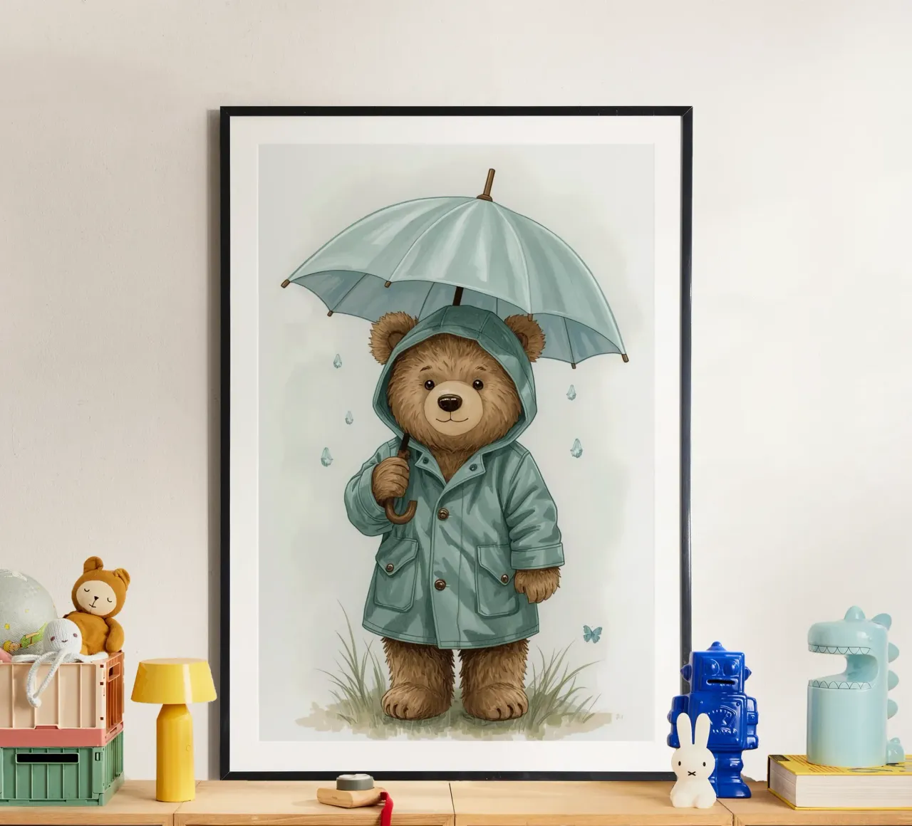 Illustrazione di un orsacchiotto con impermeabile e ombrello poster con telaio in legno da DesignDoodle