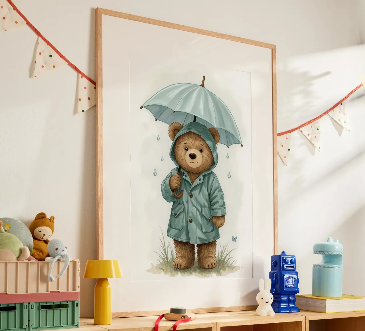 Illustrazione di un orsacchiotto con impermeabile e ombrello poster con telaio in legno da DesignDoodle