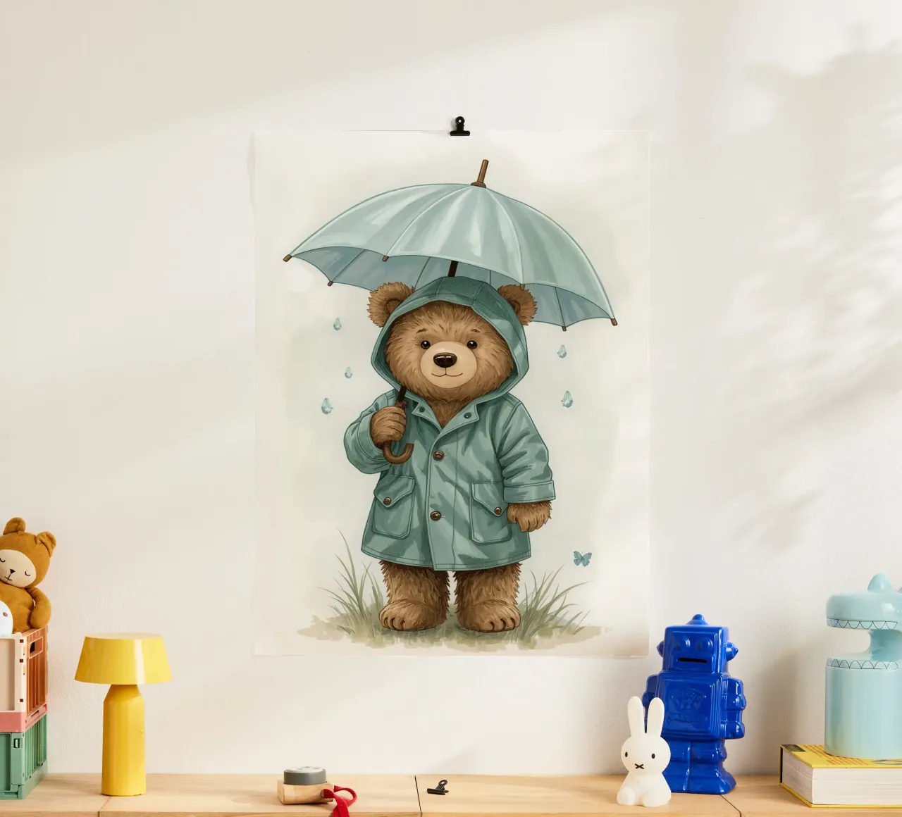 Illustrazione di un orsacchiotto con impermeabile e ombrello poster con telaio in legno da DesignDoodle