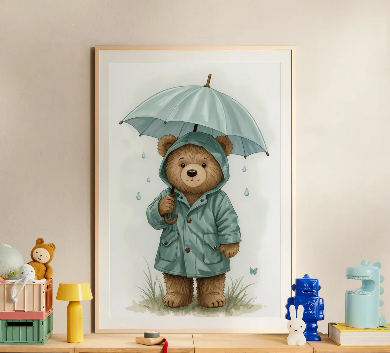 Illustrazione di un orsacchiotto con impermeabile e ombrello poster con telaio in legno da DesignDoodle