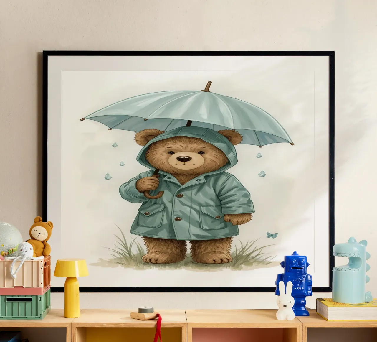 Illustrazione di un orsacchiotto con impermeabile e ombrello poster con telaio in legno da DesignDoodle