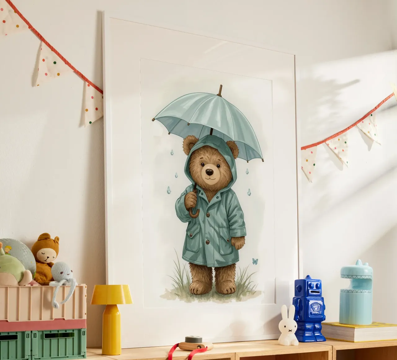 Illustrazione di un orsacchiotto con impermeabile e ombrello poster con telaio in legno da DesignDoodle
