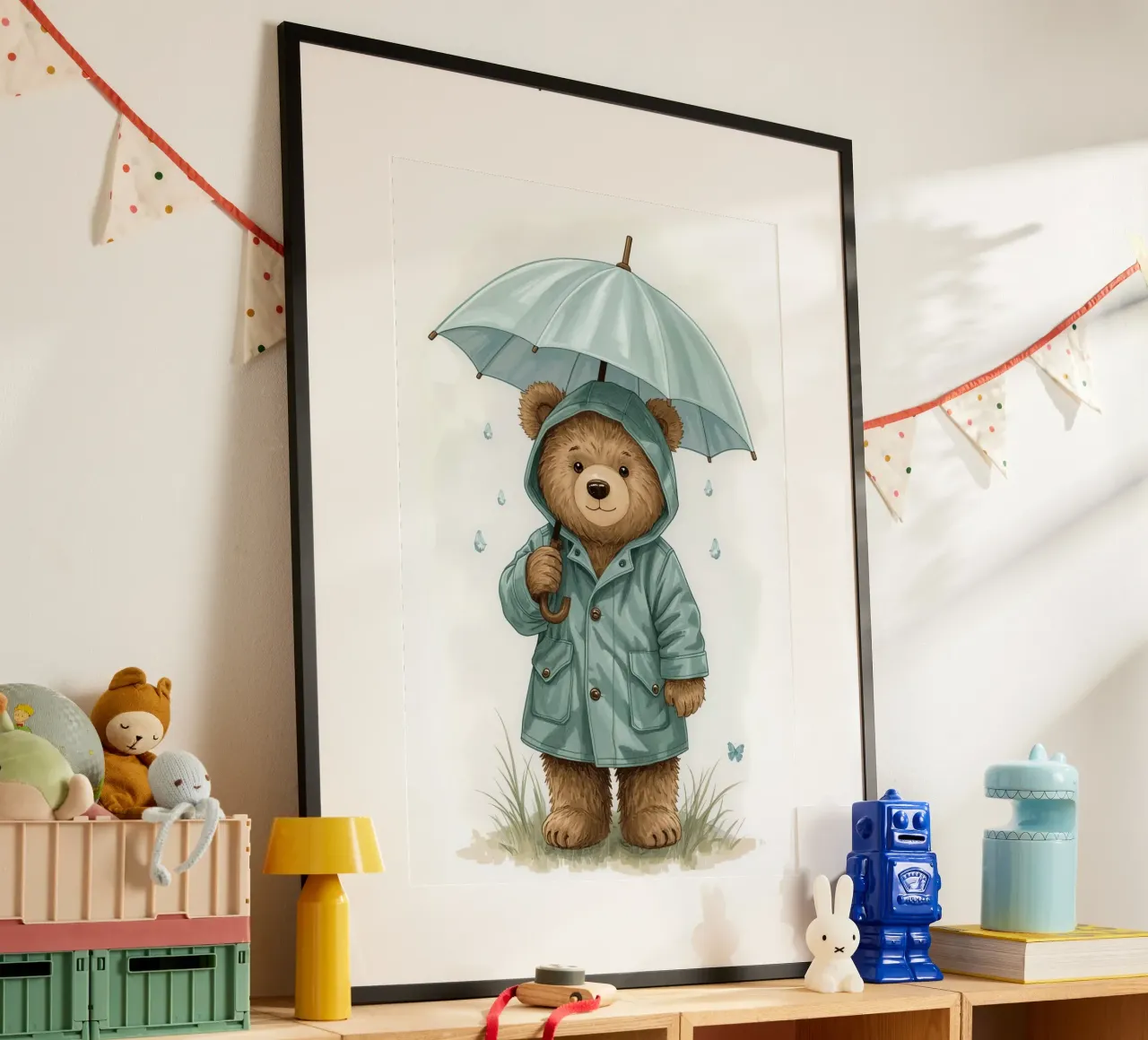 Illustrazione di un orsacchiotto con impermeabile e ombrello poster con telaio in legno da DesignDoodle