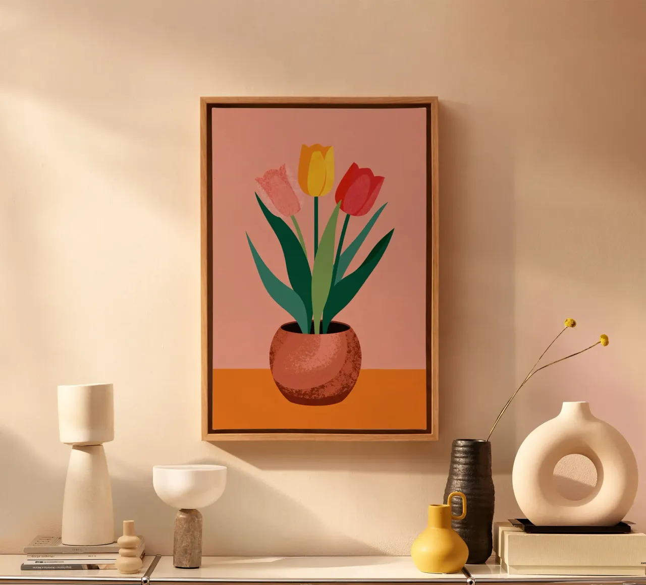 Three Tulips in Pot on Table canvas with Floater frame by DesignDoodle