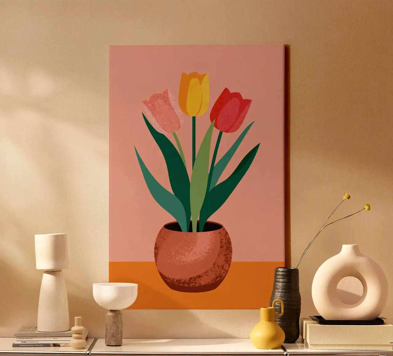 Three Tulips in Pot on Table canvas with Floater frame by DesignDoodle