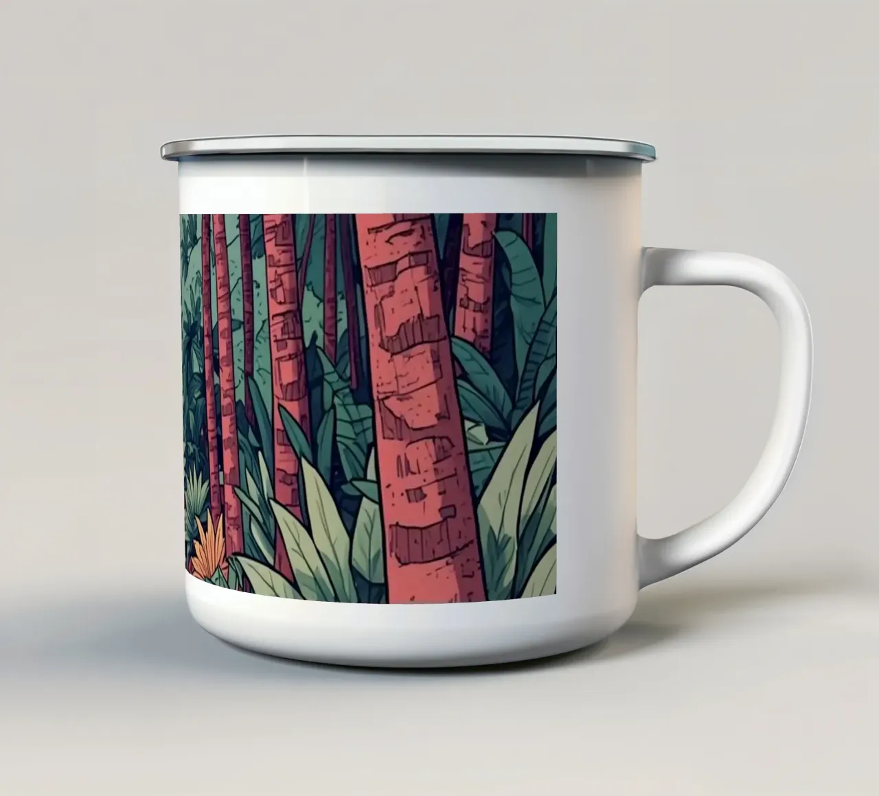 Foresta tropicale con ruscello e uccelli tazza in smalto da DesignDoodle
