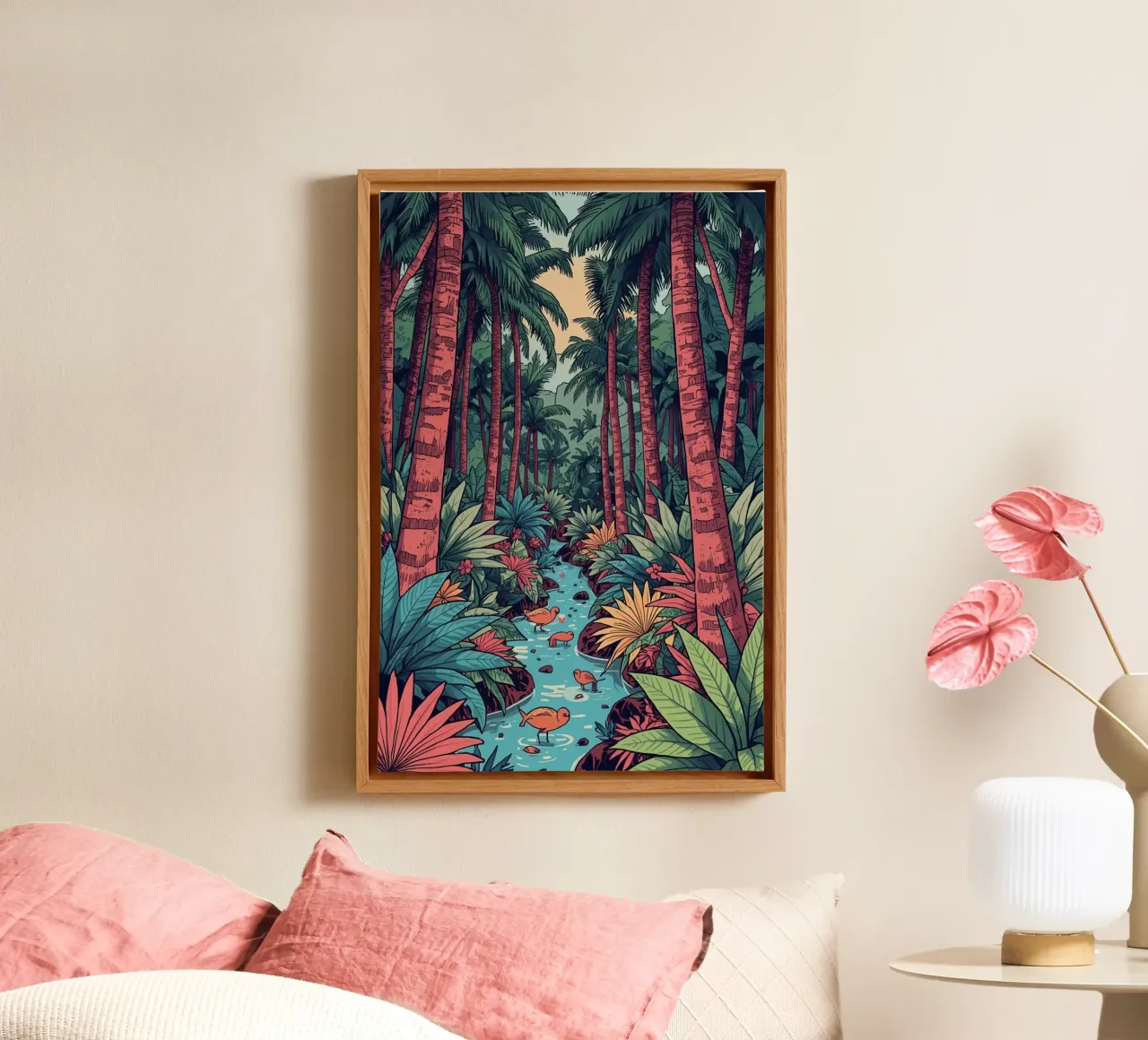 Foresta tropicale con ruscello e uccelli tela con Cornice a cassetta da DesignDoodle