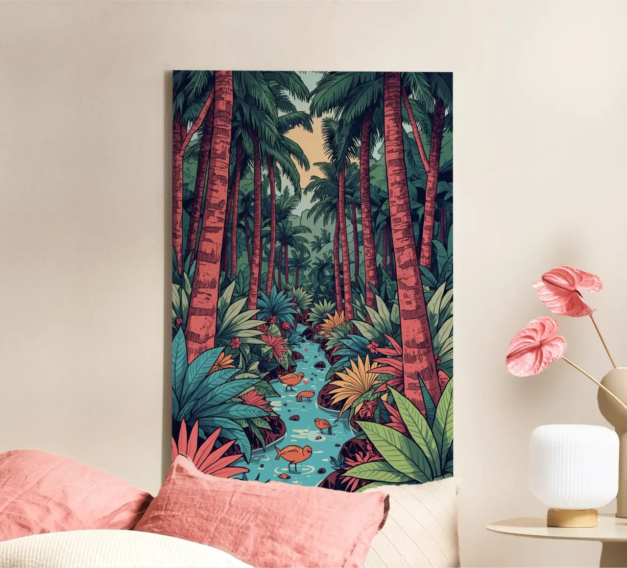 Foresta tropicale con ruscello e uccelli tela con Cornice a cassetta da DesignDoodle