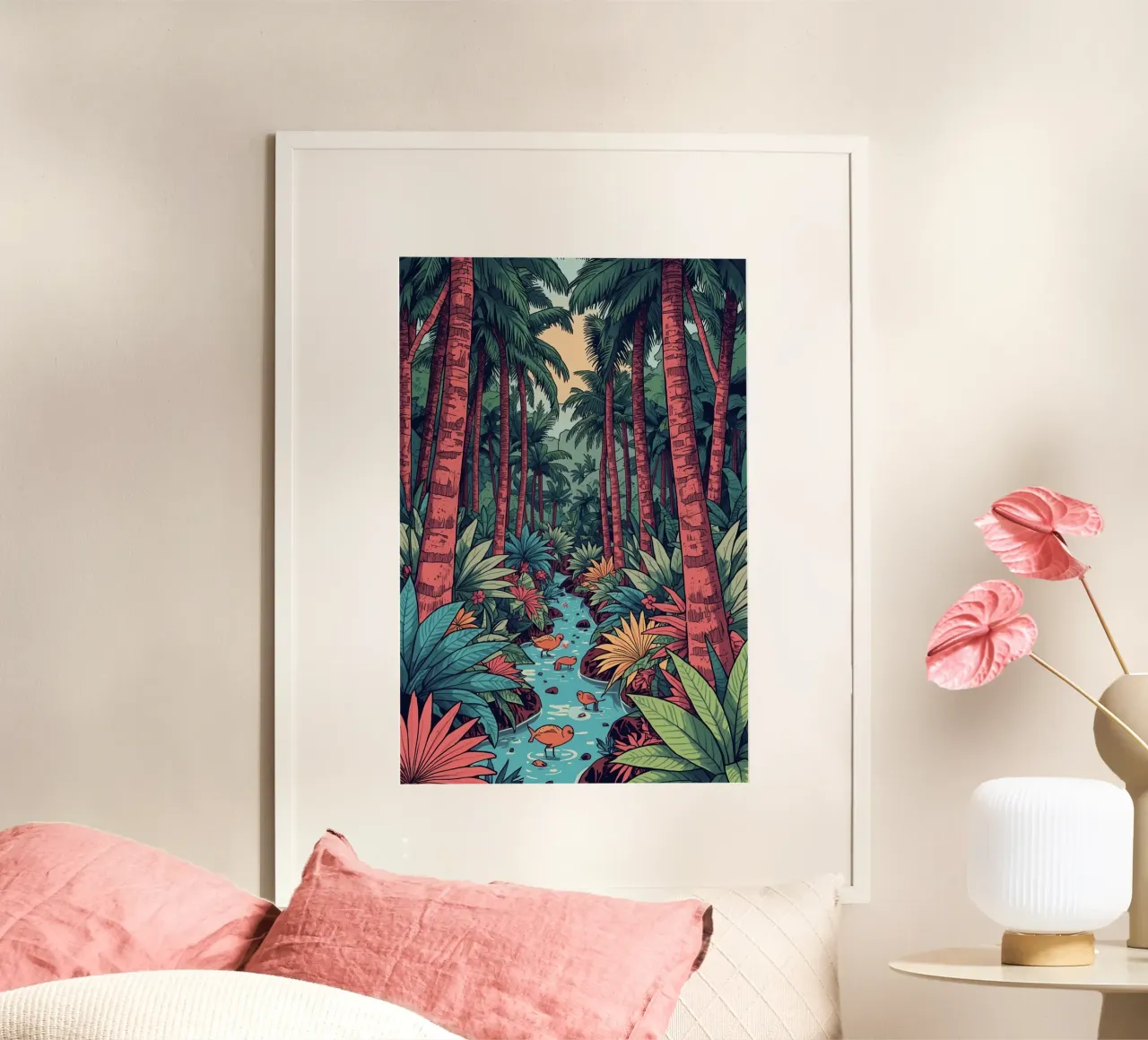Foresta tropicale con ruscello e uccelli poster da DesignDoodle
