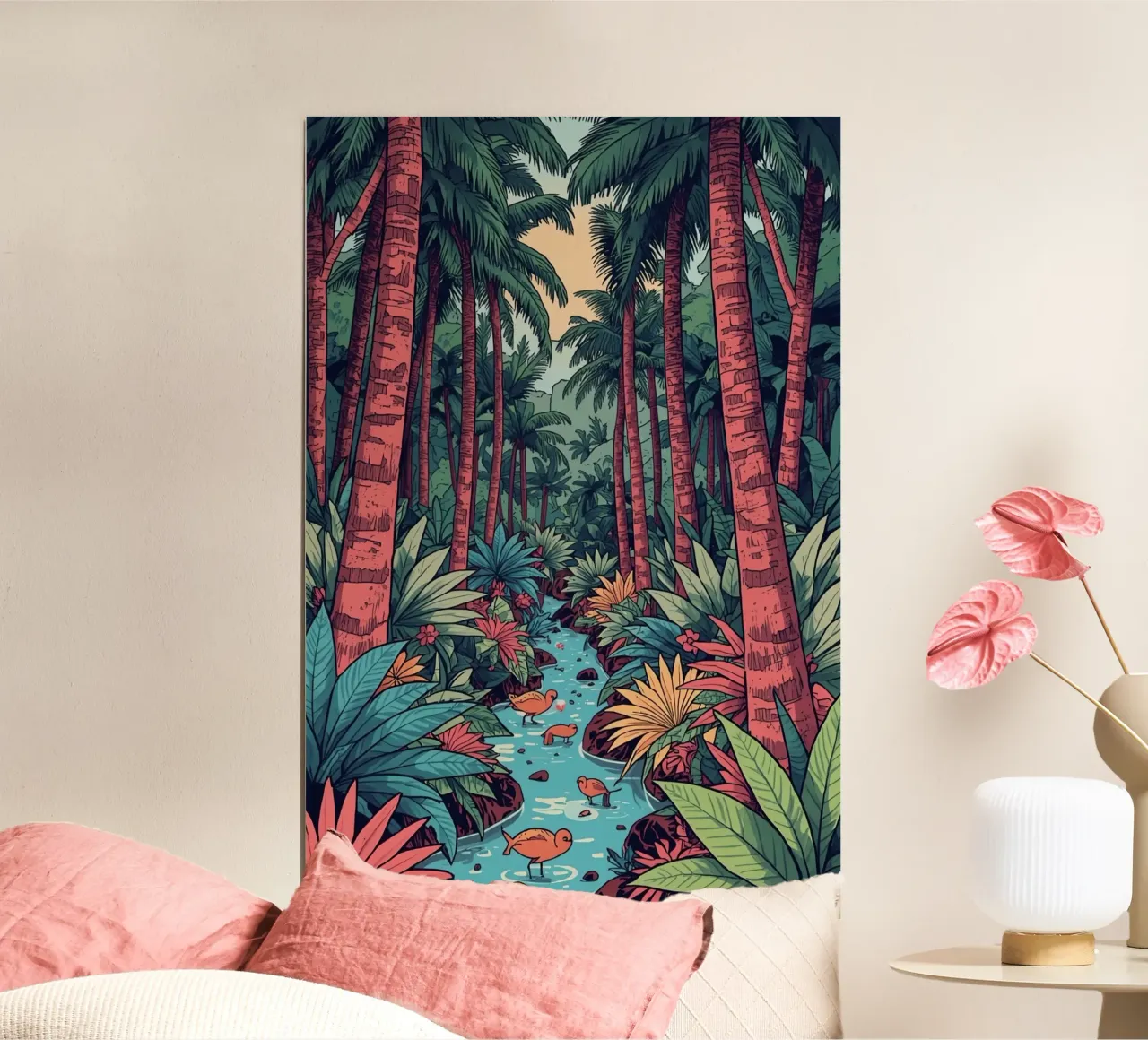 Foresta tropicale con ruscello e uccelli poster da DesignDoodle