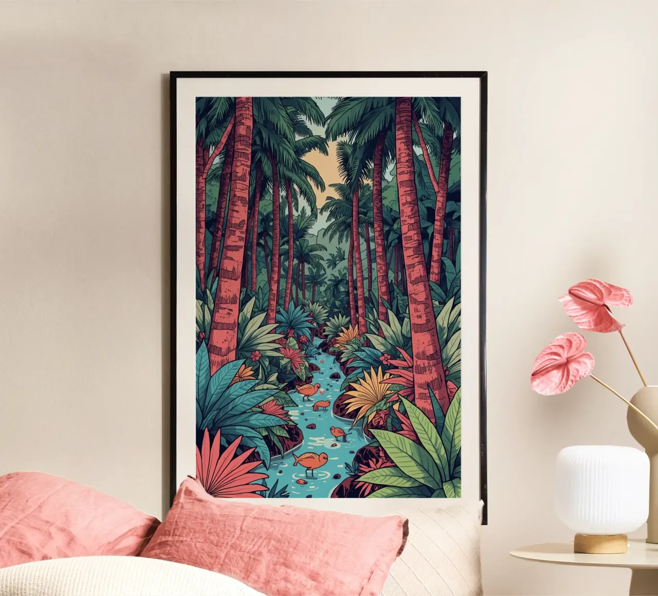 Foresta tropicale con ruscello e uccelli poster da DesignDoodle
