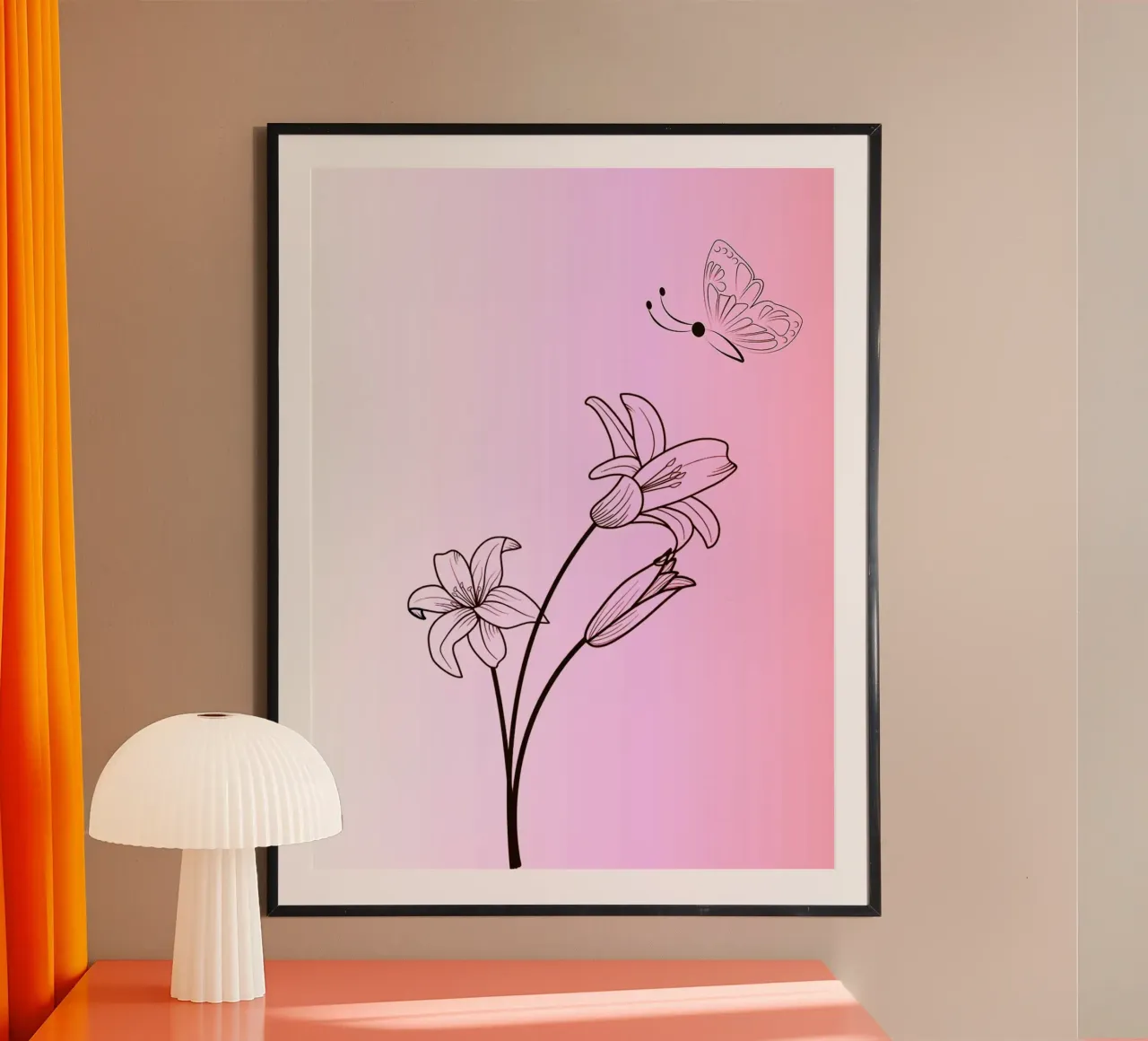 Line art floreale con farfalla poster con telaio in alluminio da Olivia Gagnon