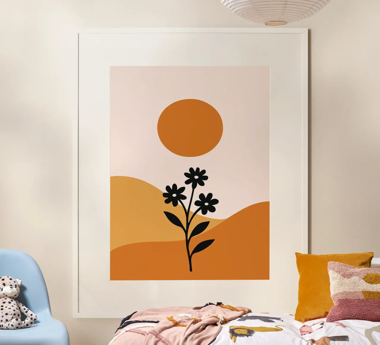 Paesaggio floreale minimalista con sole poster con telaio in plastica da Olivia Gagnon