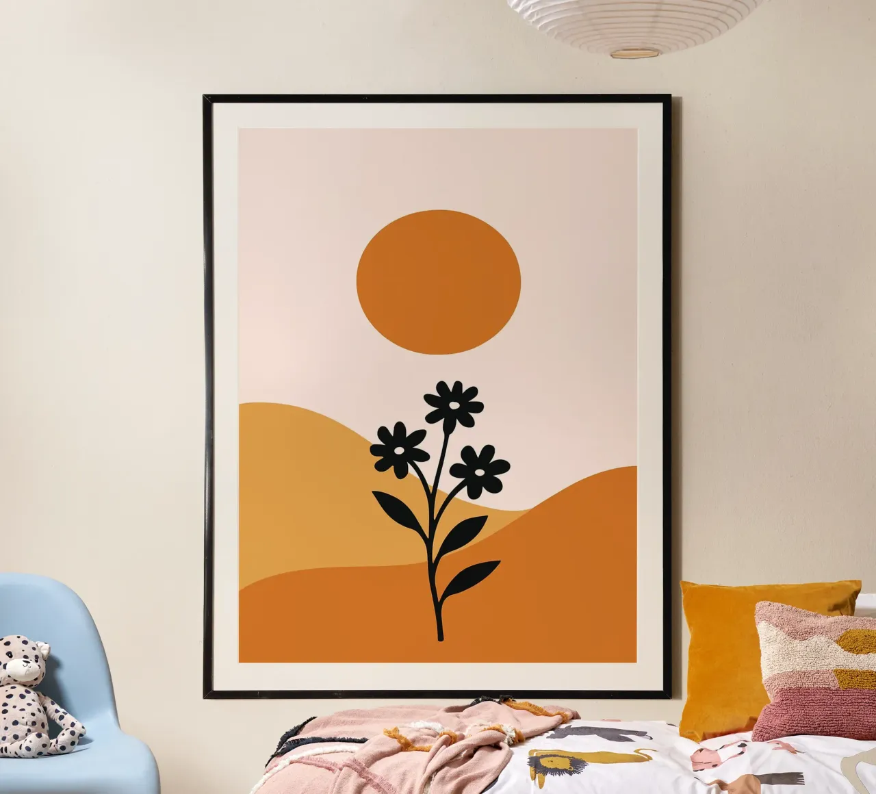 Paesaggio floreale minimalista con sole poster con telaio in plastica da Olivia Gagnon
