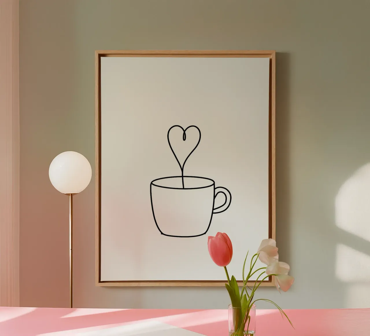 Tazza di caffè con cuore a vapore Line Art minimalista tela con Cornice a cassetta da Amelia Roy